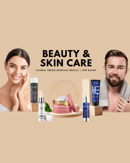Smiling woman with glowing skin gently touching her face, showcasing beauty and skincare essentials.
