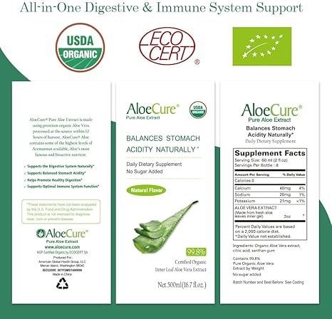 AloeCure USDA Organic Aloe Vera Juice Made Within 12 Hrs of Harvest - Pure Aloe Juice Natural Digestive Supplement to Support Digestion, Immune System and Balanced Stomach Acidity, 500ml Bottle