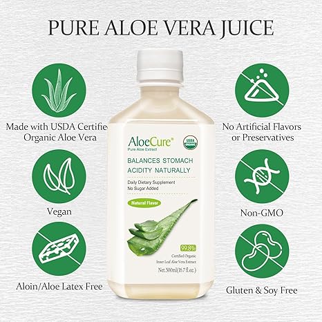 AloeCure USDA Organic Aloe Vera Juice Made Within 12 Hrs of Harvest - Pure Aloe Juice Natural Digestive Supplement to Support Digestion, Immune System and Balanced Stomach Acidity, 500ml Bottle