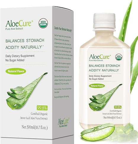 AloeCure USDA Organic Aloe Vera Juice Made Within 12 Hrs of Harvest - Pure Aloe Juice Natural Digestive Supplement to Support Digestion, Immune System and Balanced Stomach Acidity, 500ml Bottle
