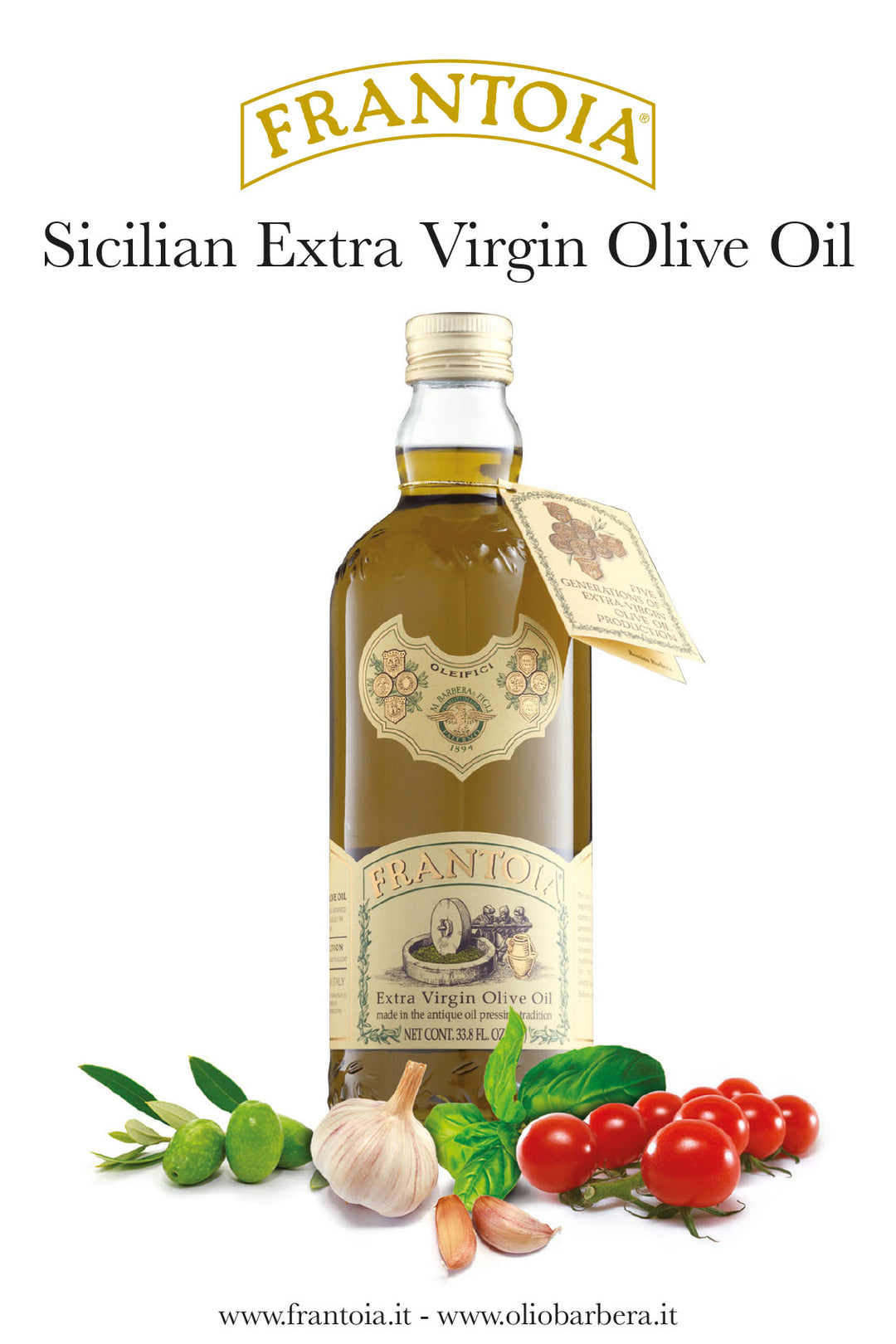 Frantoia Sicilian Extra Virgin Olive Oil bottle with fresh garlic, tomatoes, and olives, emphasizing fruity flavor.