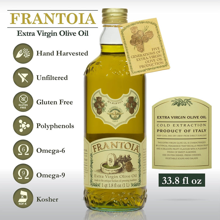 Frantoia Extra Virgin Olive Oil 1L bottle, unfiltered, gluten-free, enriched with omega-6 and omega-9, from Italy.