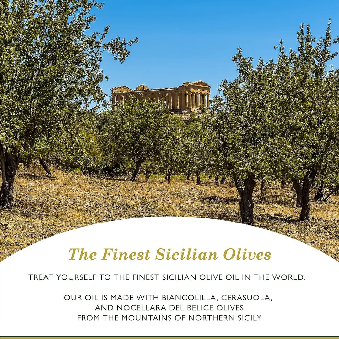 Swath of olive trees in Sicily with historic Greek temple, highlighting the finest Sicilian olives for premium olive oil.