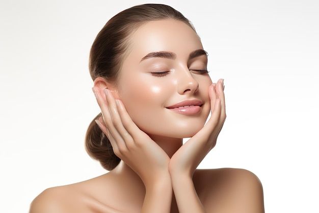 Smiling woman with glowing skin gently touching her face, showcasing beauty and skincare essentials.