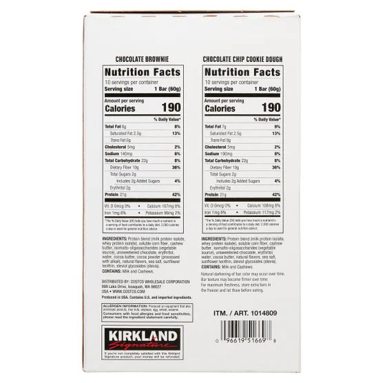 Kirkland Signature Protein Bar Variety Pack 20 Pack – High Protein Snack, No Artificial Flavors, 2.12 oz Bars