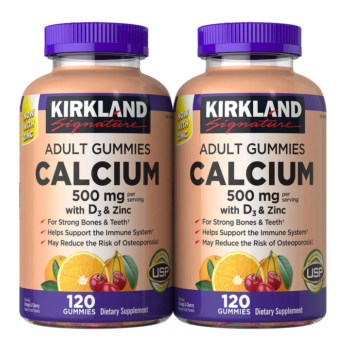 Kirkland Signature Calcium 500mg with Vitamin D3 & Zinc Adult Gummies (240 Count - 2 Pack of 120)