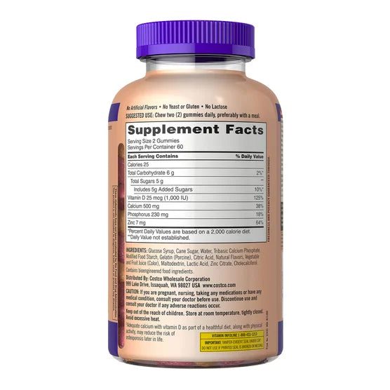 Kirkland Signature Calcium 500mg with Vitamin D3 & Zinc Adult Gummies (240 Count - 2 Pack of 120)
