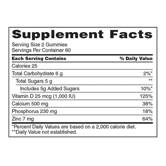 Kirkland Signature Calcium 500mg with Vitamin D3 & Zinc Adult Gummies (240 Count - 2 Pack of 120)
