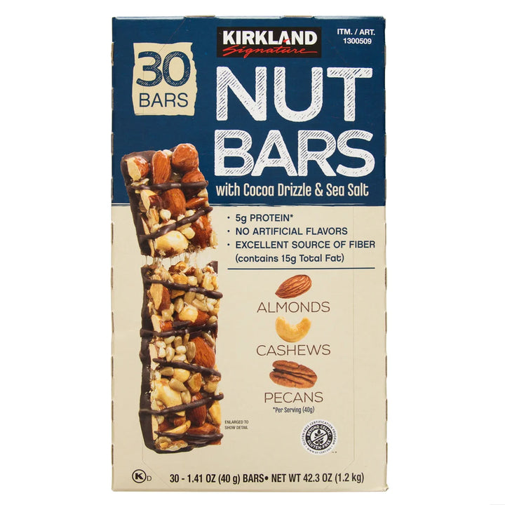 Kirkland Signature Nut Bars with Cocoa Drizzle & Sea Salt, Almonds Cashews & Pecans, 5g Protein, High Fiber Snack Bars – 30 Count (1.41 oz Each