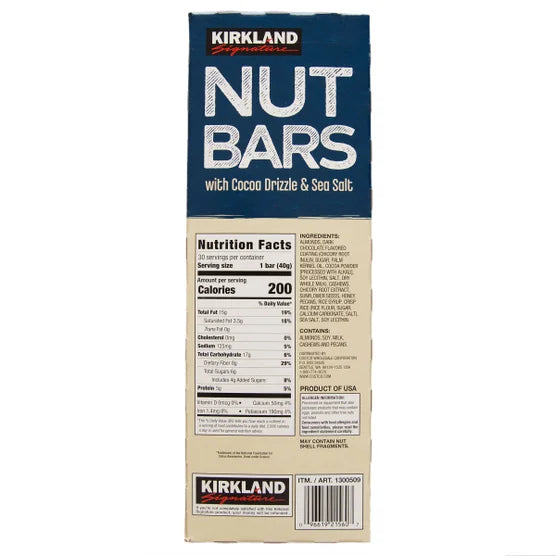 Kirkland Signature Nut Bars with Cocoa Drizzle & Sea Salt, Almonds Cashews & Pecans, 5g Protein, High Fiber Snack Bars – 30 Count (1.41 oz Each
