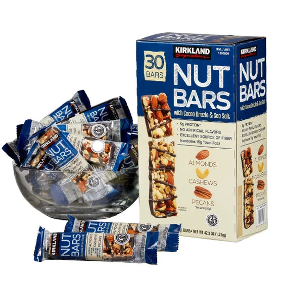 Kirkland Signature Nut Bars with Cocoa Drizzle & Sea Salt, Almonds Cashews & Pecans, 5g Protein, High Fiber Snack Bars – 30 Count (1.41 oz Each