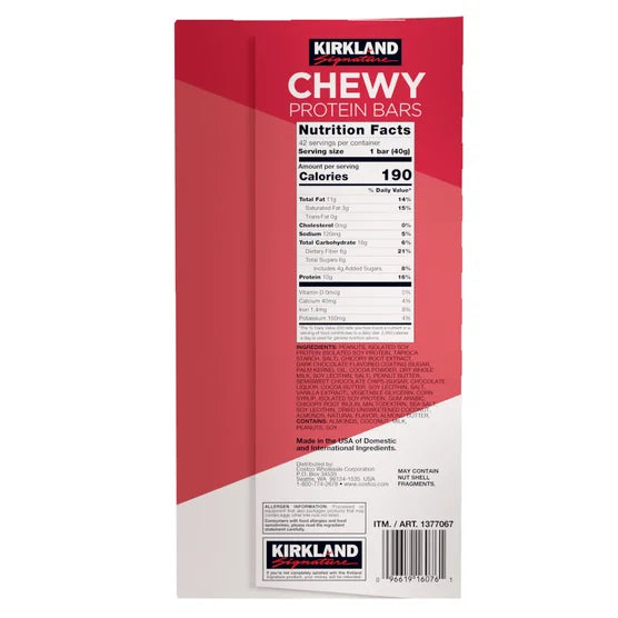 Kirkland Signature Chewy Protein Bar 42 Pack – Peanut Butter & Chocolate Chip, Gluten Free Protein Snack