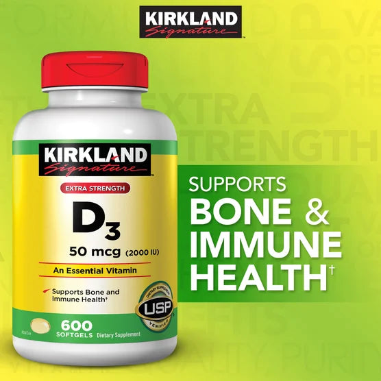Kirkland Signature Extra Strength Vitamin D3 50 mcg (2000 IU) Softgels, Bone & Immune Support, USP Verified – 600 Softgels