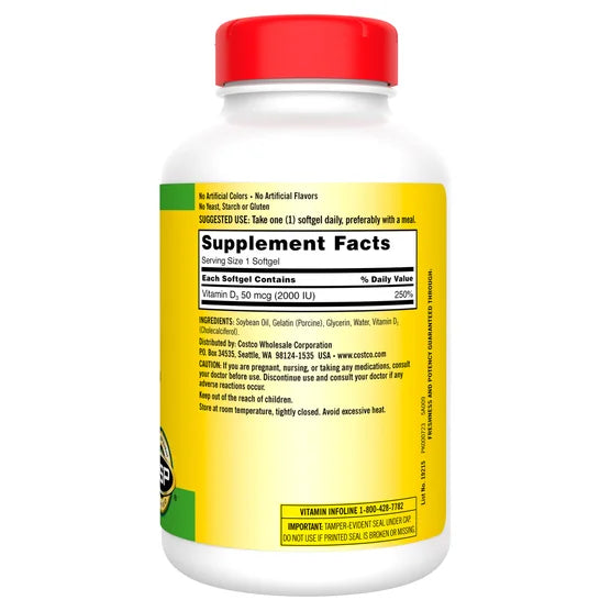 Kirkland Signature Extra Strength Vitamin D3 50 mcg (2000 IU) Softgels, Bone & Immune Support, USP Verified – 600 Softgels