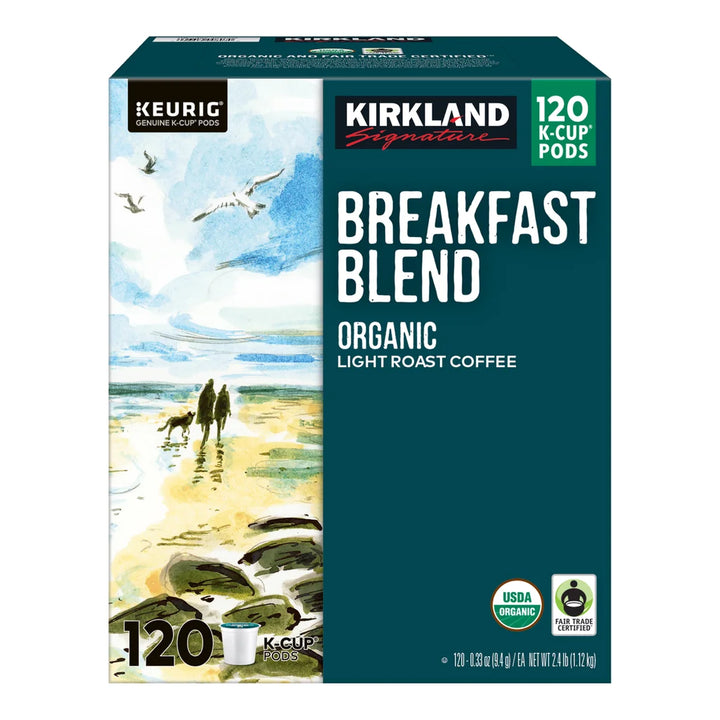 Kirkland Signature Organic Breakfast Blend Coffee K-Cup Pods, Light Roast, 100% Arabica, Fair Trade, Kosher – 120 Count