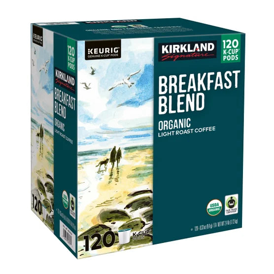 Kirkland Signature Organic Breakfast Blend Coffee K-Cup Pods, Light Roast, 100% Arabica, Fair Trade, Kosher – 120 Count