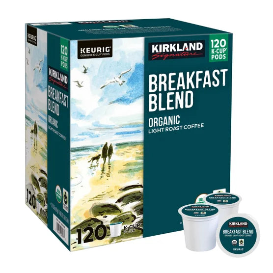 Kirkland Signature Organic Breakfast Blend Coffee K-Cup Pods, Light Roast, 100% Arabica, Fair Trade, Kosher – 120 Count
