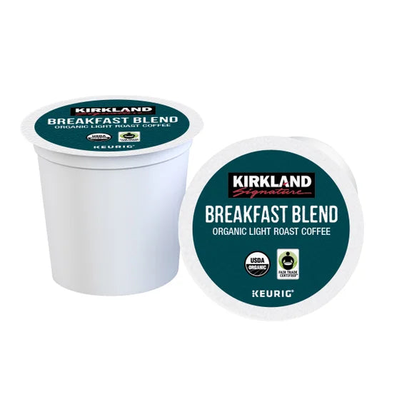 Kirkland Signature Organic Breakfast Blend Coffee K-Cup Pods, Light Roast, 100% Arabica, Fair Trade, Kosher – 120 Count