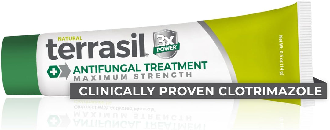 Terrasil antifungal treatment tube with green and white design on a white background