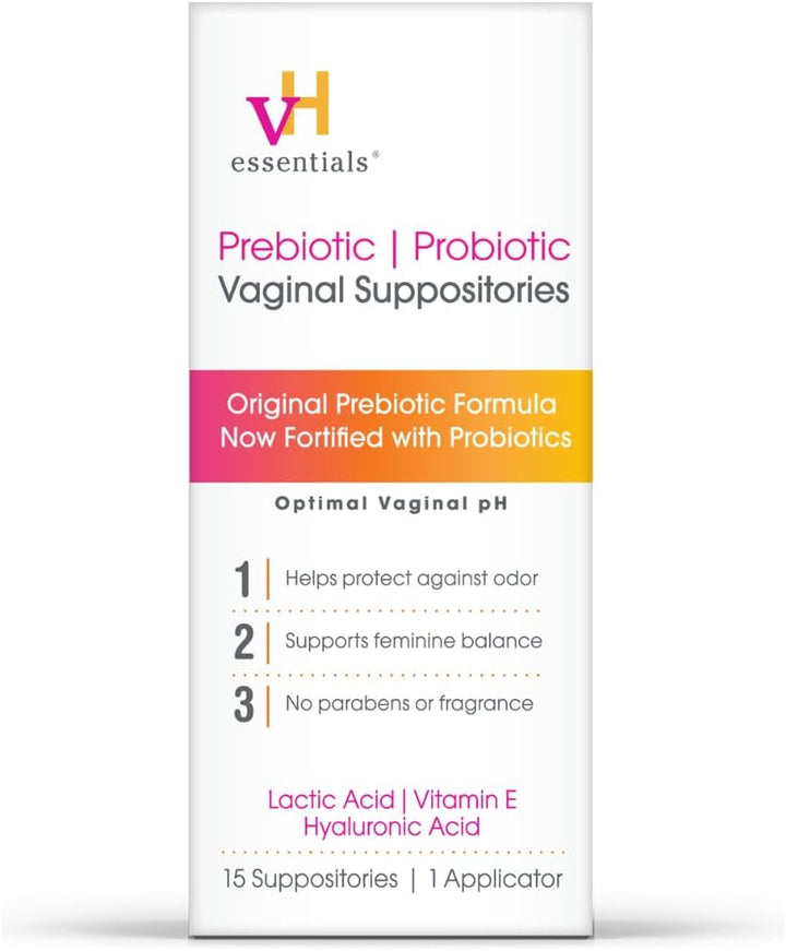 VH essentials Prebiotic Probiotic Vaginal Suppositories packaging on a white background