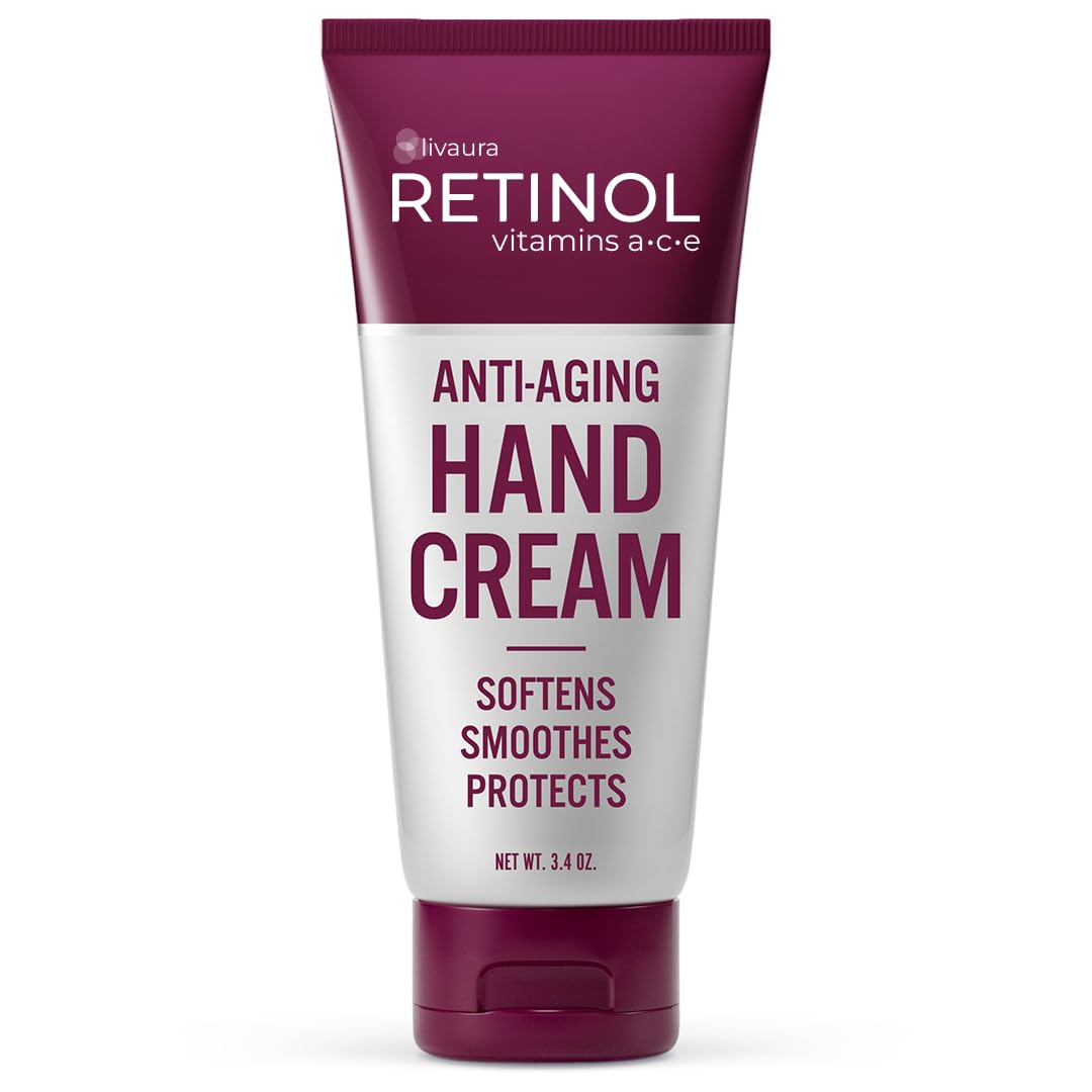 Livaura Retinol Anti-Aging Hand Cream in a 3.4 oz squeeze tube, featuring a deep burgundy and white color scheme with bold text.