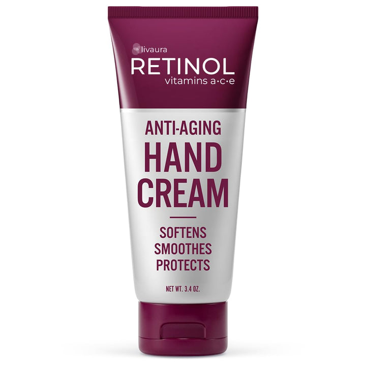 Livaura Retinol Anti-Aging Hand Cream in a 3.4 oz squeeze tube, featuring a deep burgundy and white color scheme with bold text.