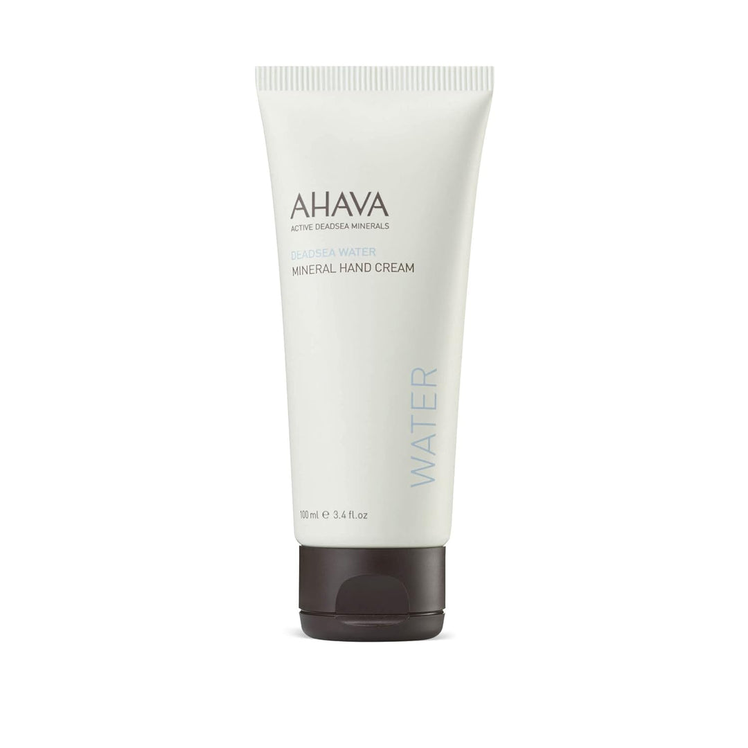A 30ml squeeze tube of AHAVA Glacessia Water Mineral Hand Cream on a clean white background. The tube is off-white with black text and a dark brown cap.