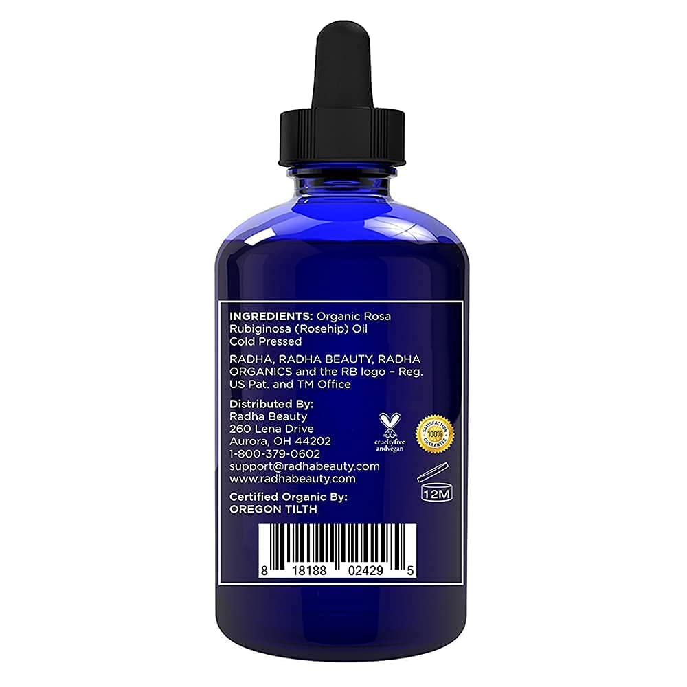 Radha Beauty Organic Rosehip Seed Oil – 100% Pure Cold-Pressed (4 oz)