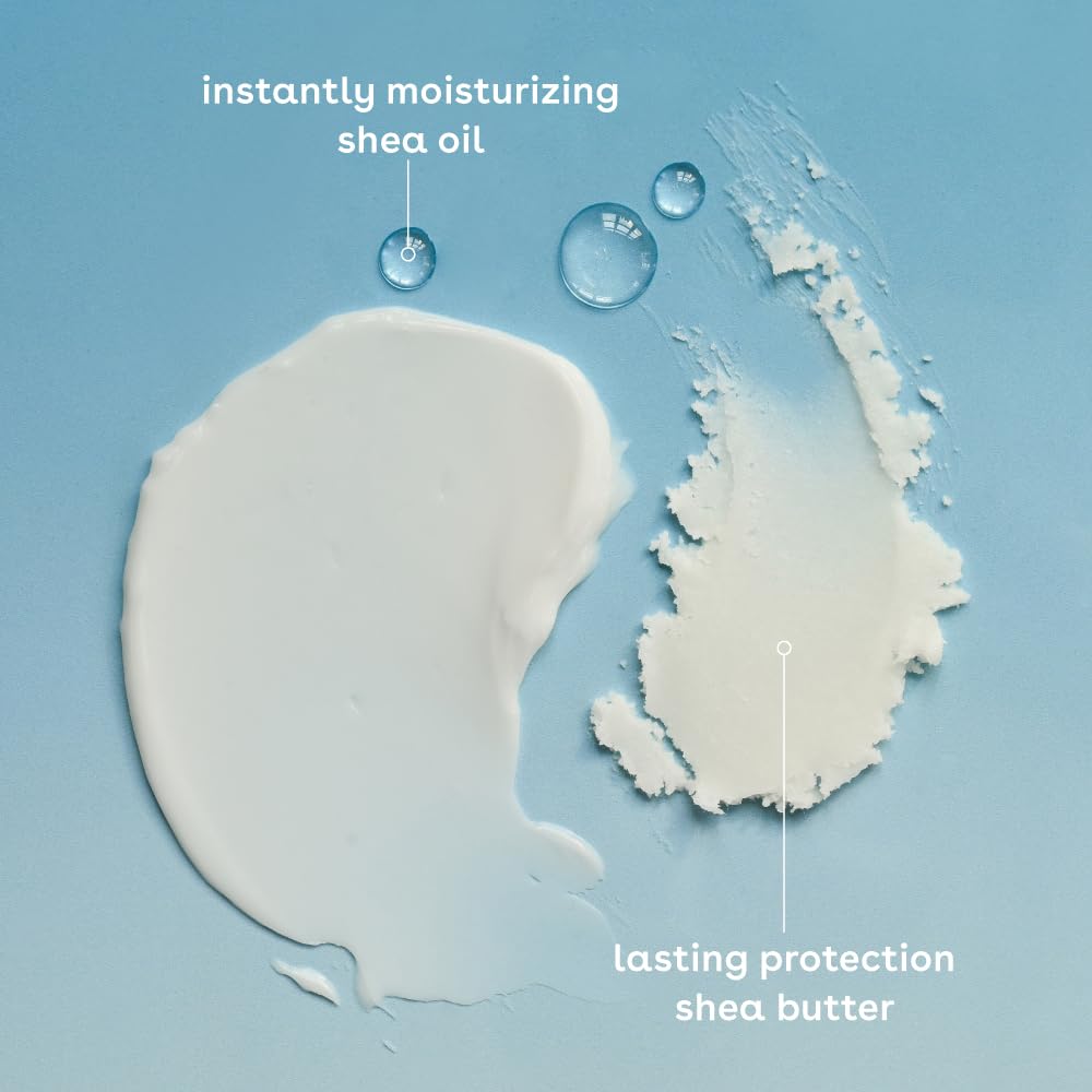 Shea oil and shea butter on a blue background with text indicating their benefits.