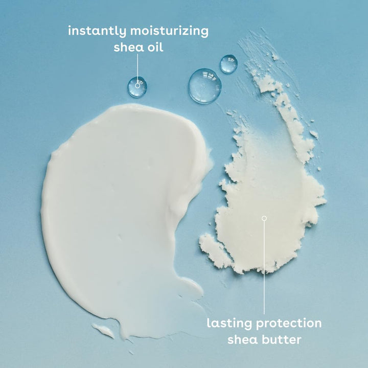 Shea oil and shea butter on a blue background with text indicating their benefits.