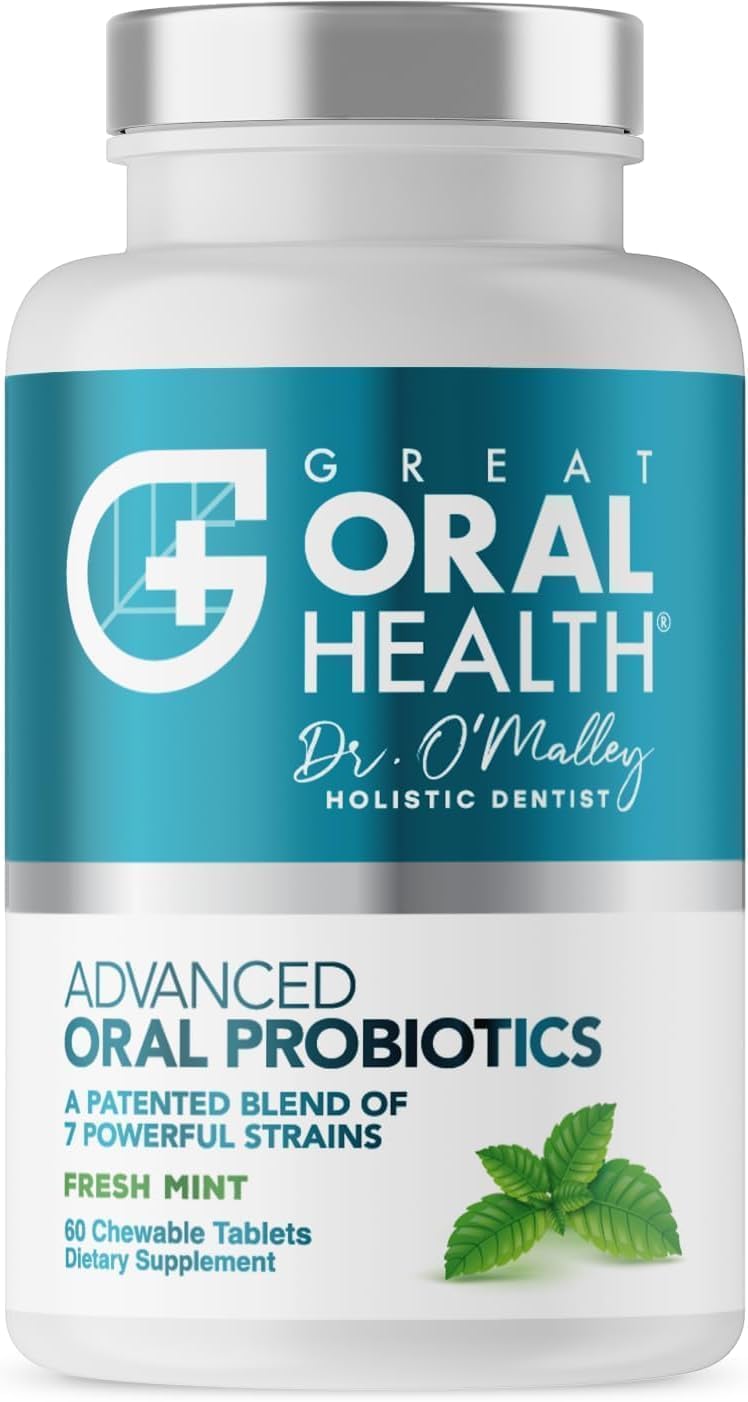 Oral health supplement bottle with 'Great Oral Health' branding and mint flavor indication.