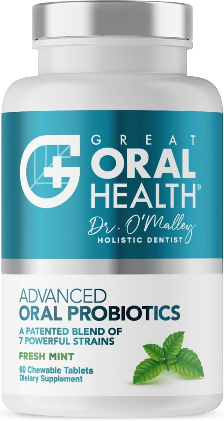 Oral health supplement bottle with 'Great Oral Health' branding and mint flavor indication.