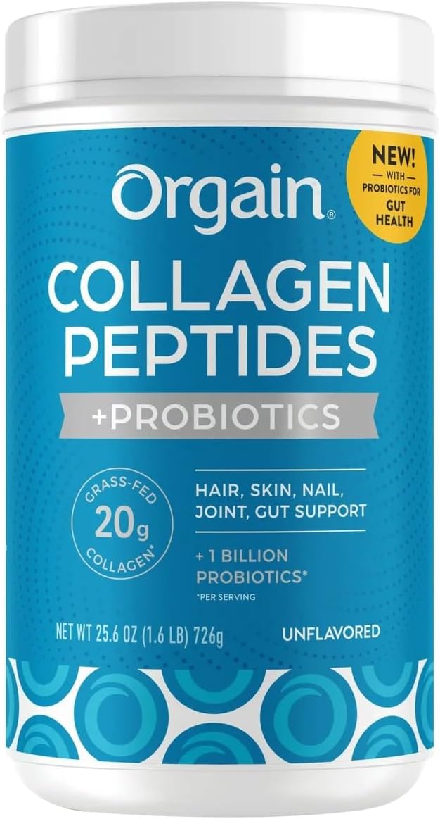 Orgain Collagen Peptides + Probiotics, Unflavored, 1.6 lbs – Grass-Fed, 19g Protein, 0g Sugar