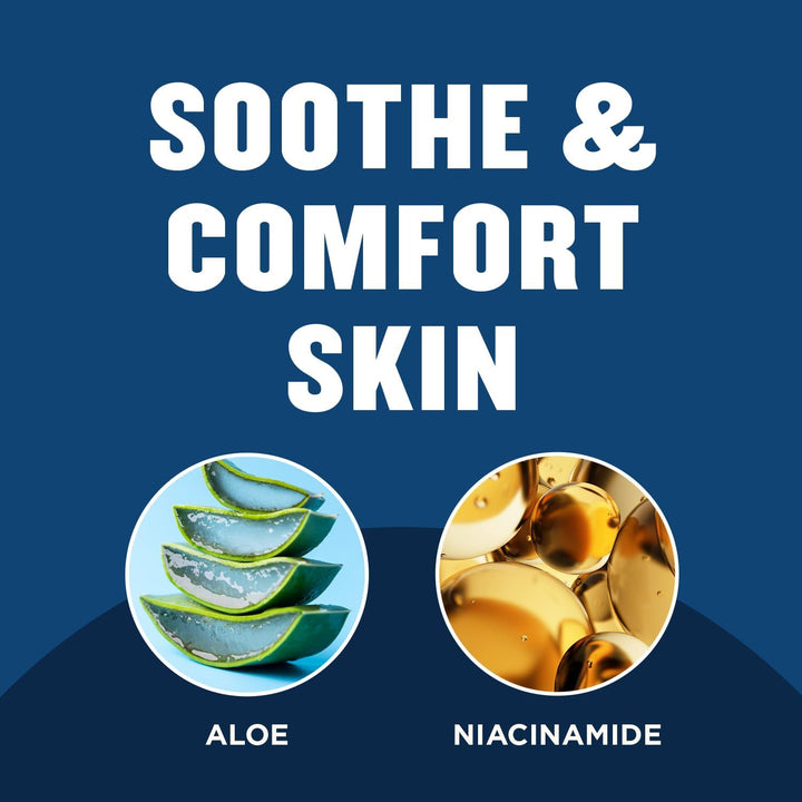 Promotional graphic for skincare products with aloe and niacinamide on a blue background.