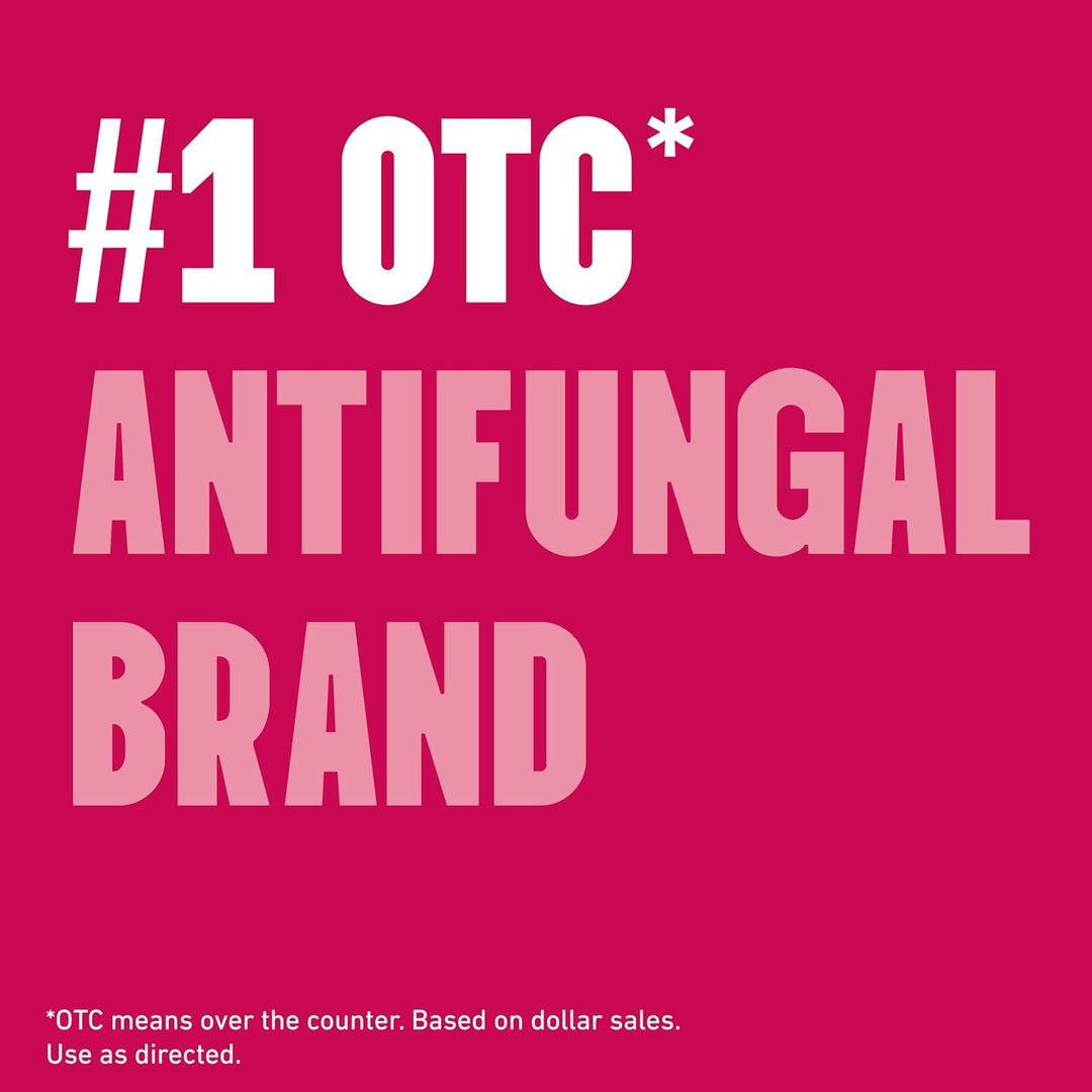 A bright pink square graphic with large white and light pink text reading '#1 OTC* ANTIFUNGAL BRAND' and a small footnote at the bottom explaining that OTC means over the counter.