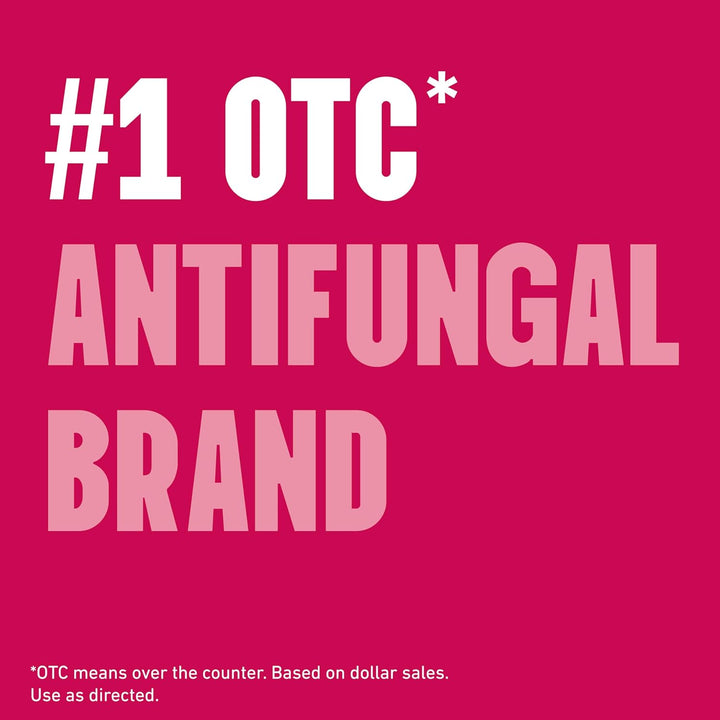 A bright pink square graphic with large white and light pink text reading '#1 OTC* ANTIFUNGAL BRAND' and a small footnote at the bottom explaining that OTC means over the counter.