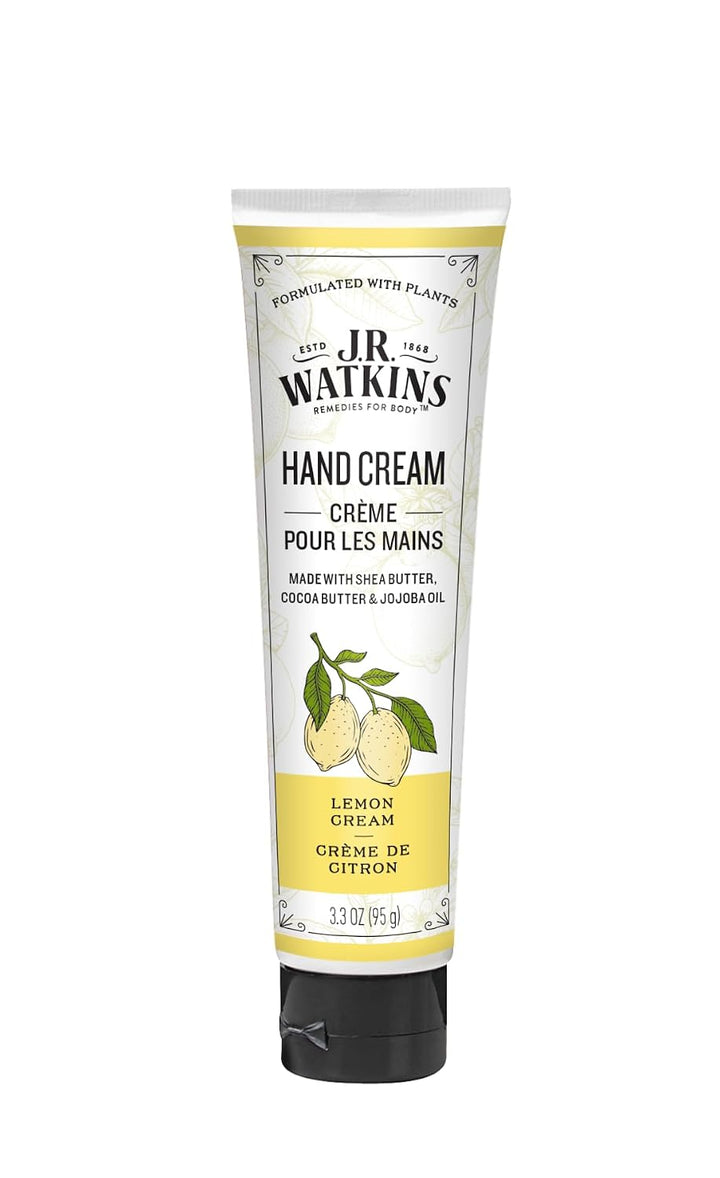 J.R. Watkins Lemon Cream hand cream tube on a white background
