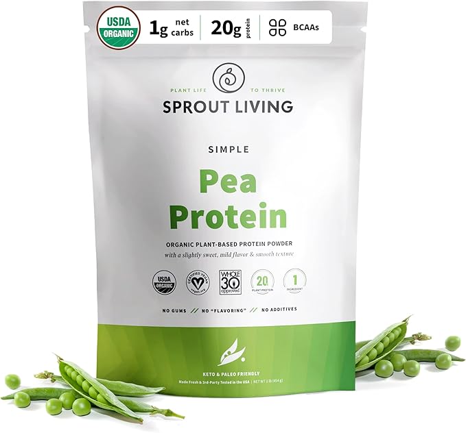 Sprout Living Organic Pea Protein Powder, Plant-Based Protein, Vegan, Non-GMO, Gluten-Free, Dairy-Free, No Artificial Sweeteners,