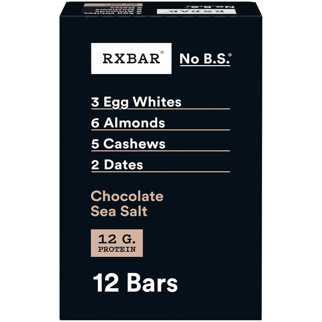 Box of RXBar chocolate sea salt protein bars with nutritional information on a white background