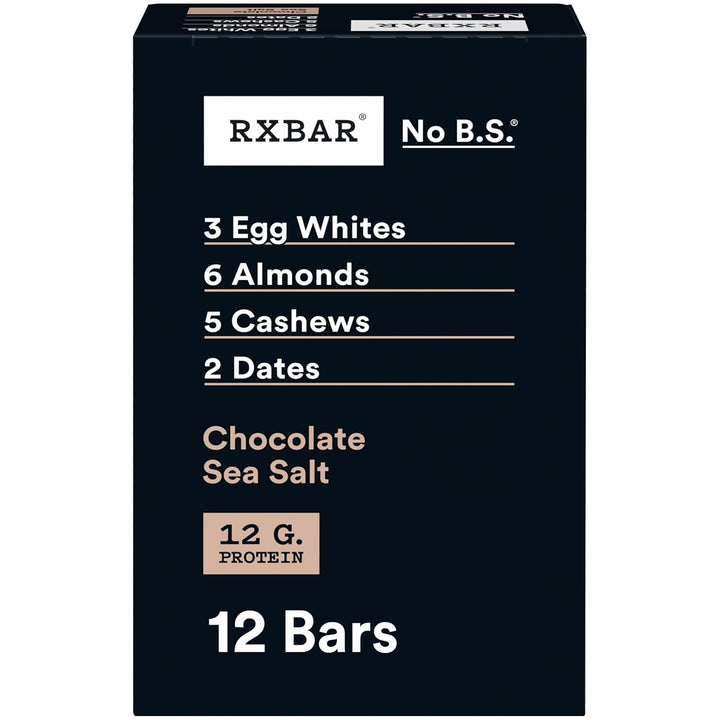 Box of RXBar chocolate sea salt protein bars with nutritional information on a white background