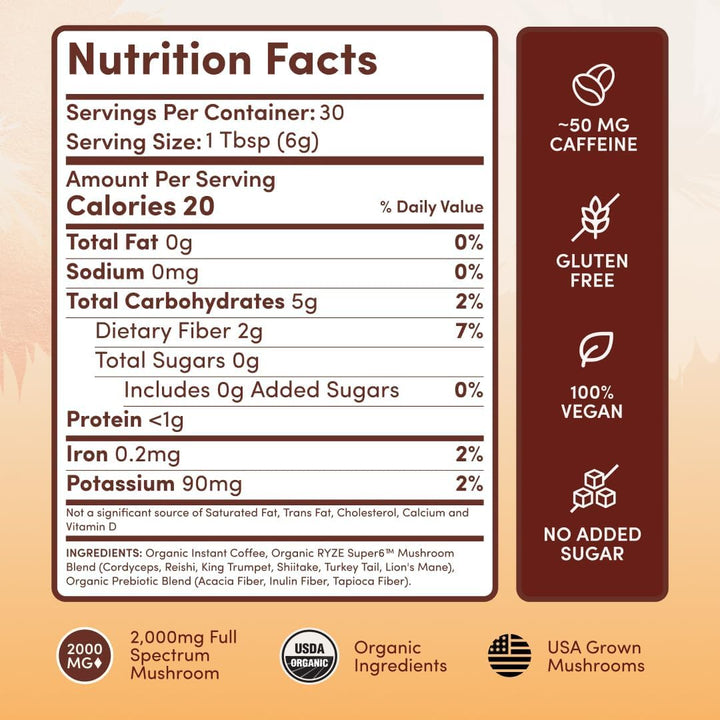 RYZE Mushroom Coffee | Organic Blend with 6 Mushrooms & MCT Oil |  Superfood Coffee