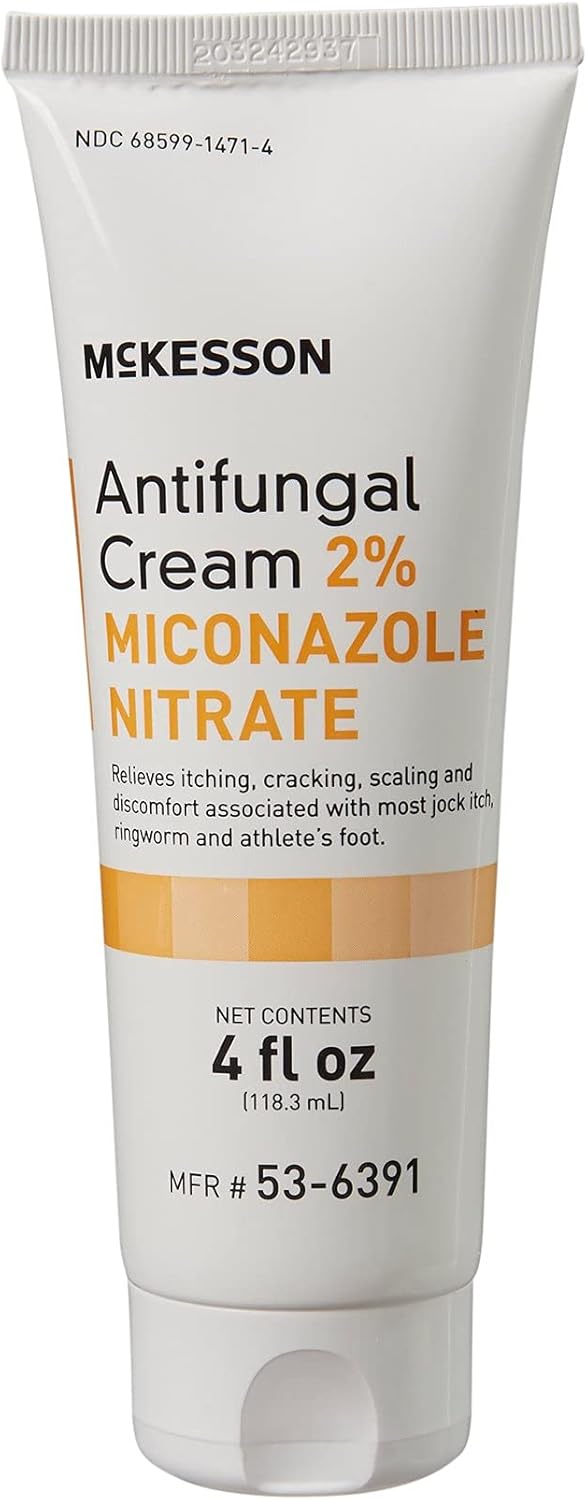 Tube of McKesson Antifungal Cream 2% Miconazole Nitrate on a white background