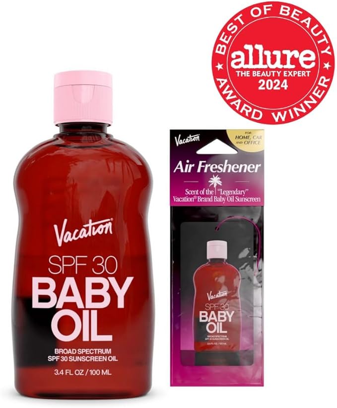 Vacation Baby Oil SPF 30 & Air Freshener Bundle, Hydrating & Nourishing, Mineral-Oil Free, Lightweight Formula, Transparent On All Skin Tones, Travel Size Sunscreen, 3.4 Fl. Oz.