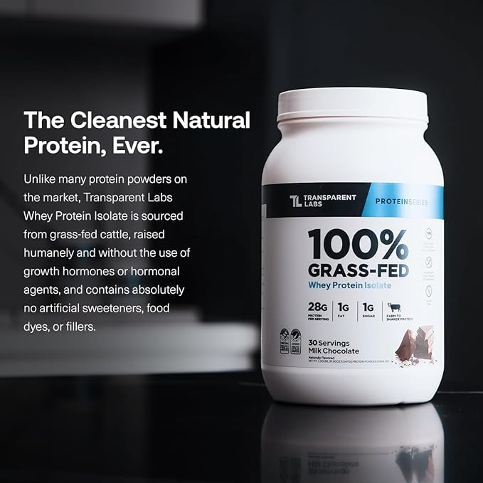 Transparent Labs Grass-Fed Whey Protein Isolate – Naturally Flavored, Gluten-Free, 28g Protein per Serving, 9 Essential Amino Acids, Milk Chocolate, 30 Servings