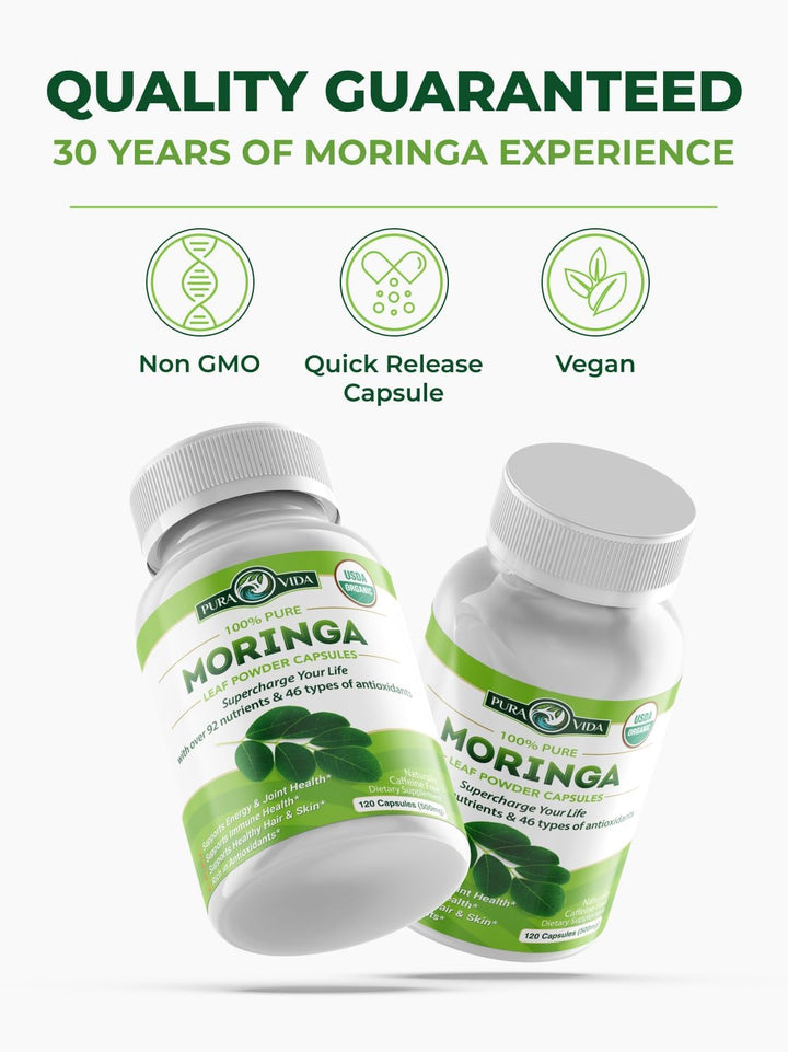 Pura Vida Organic Moringa Capsules 500mg - Pure Single Origin Leaf Powder (120 Count)