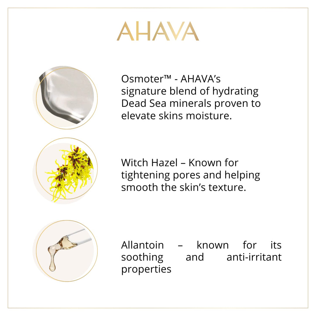 AHAVA product description with images of minerals, witch hazel, and allantoin on a white background.