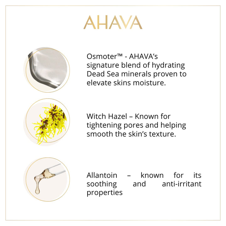 AHAVA product description with images of minerals, witch hazel, and allantoin on a white background.