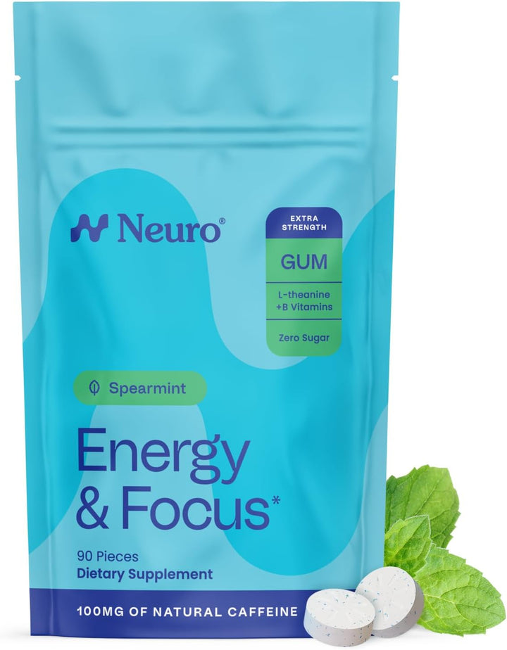 NeuroGum Energy & Focus Gum – Sugar-Free Spearmint, 90 Pieces