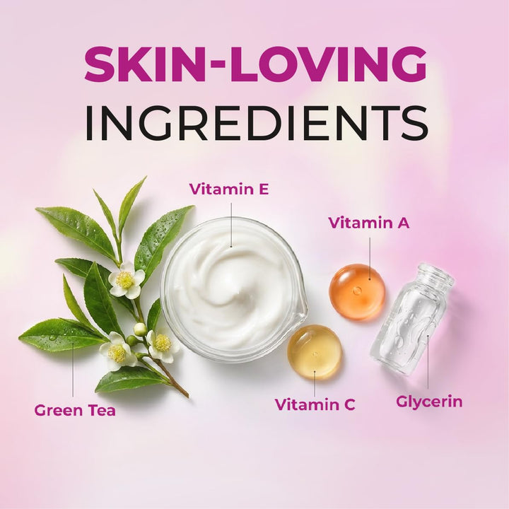 Skincare product with labeled skin-loving ingredients on a pink background