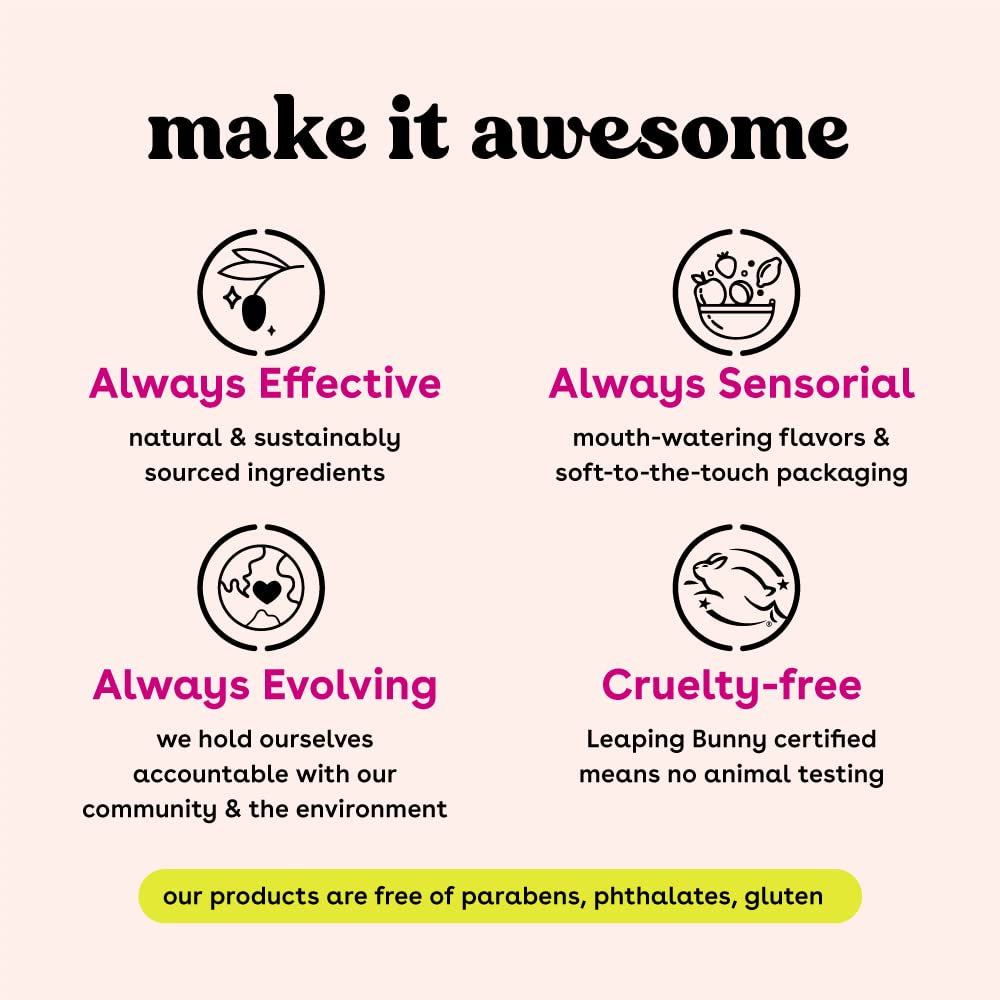 Product description card with icons and text on a light pink background